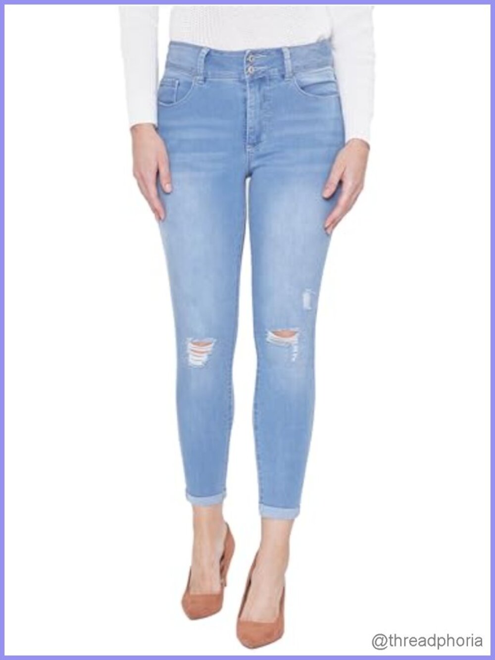 Women's Tummy Control High Rise Skinny Jean Cotton Blend Double Button Rolled